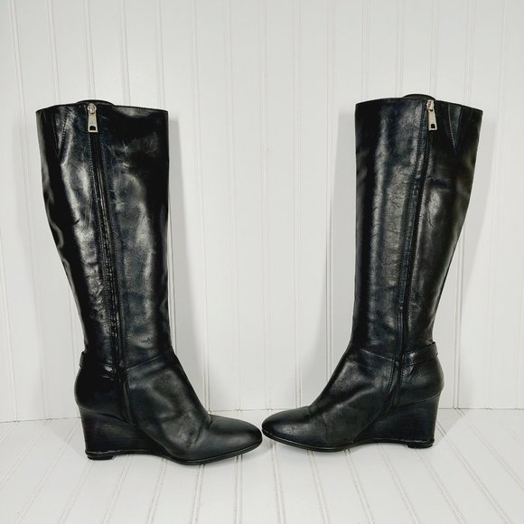 Ralph Lauren Tia Black Leather Side Zip Buckle Detail Wedge Heeled Boots I31 - Picture 7 of 14